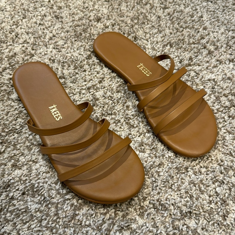 Tkees strappy leaather slides. Gently worn!